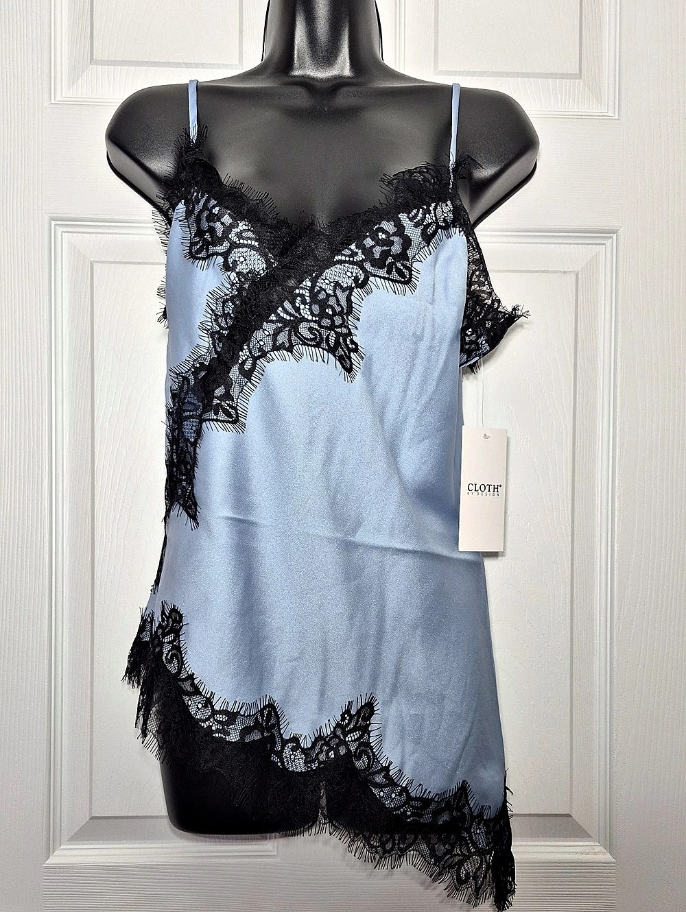 Cloth by Design Blue Satin Black Lace Trim Asymmetrical Camisole Tank Top NWT Sm